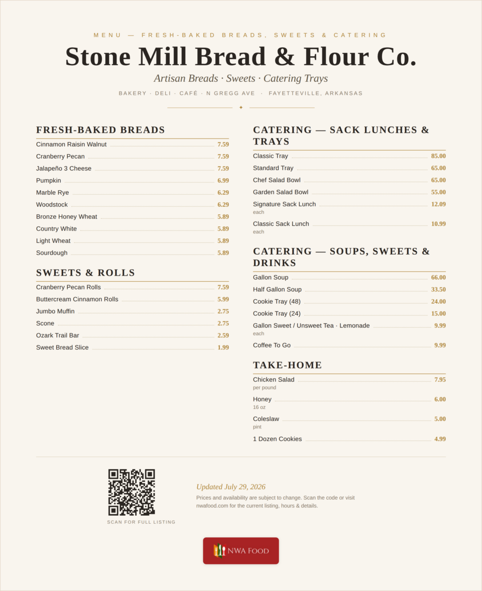Stone Mill Bread & Flour Co. - Fayetteville, AR - Menu