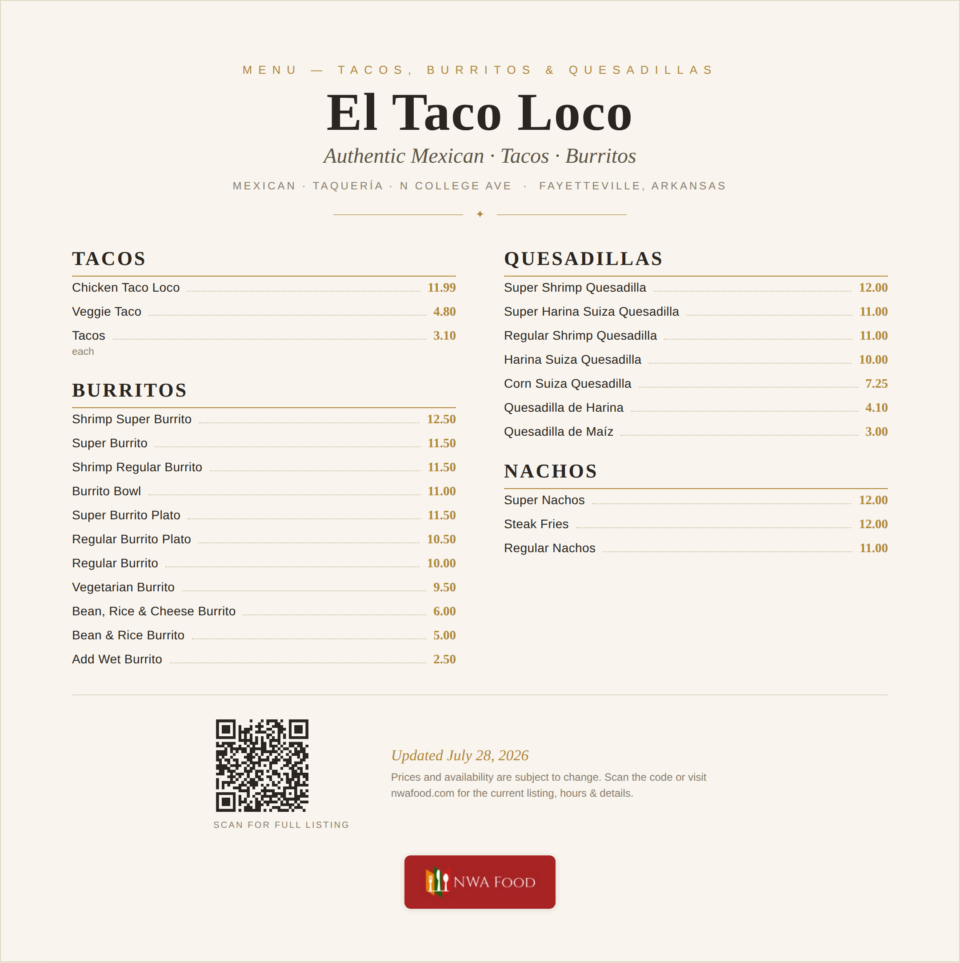 El Taco Loco - Fayetteville, AR - Menu with Prices - 01