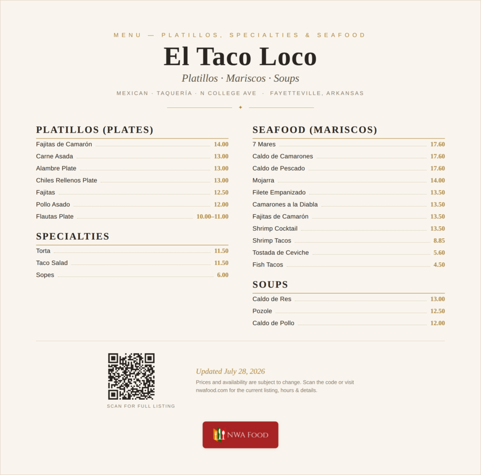 El Taco Loco - Fayetteville, AR - Menu with Prices - 02
