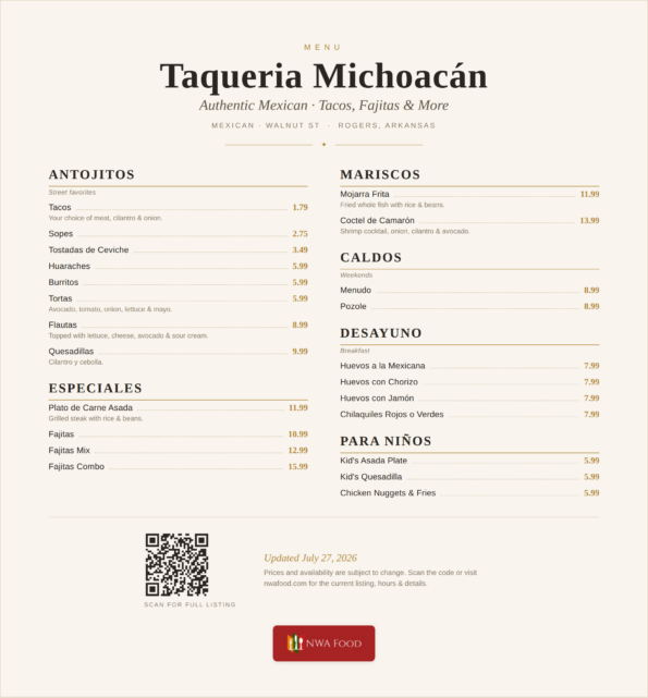 Taqueria Michoacán menu — tacos, fajitas, mariscos and Mexican plates with prices in Rogers, AR