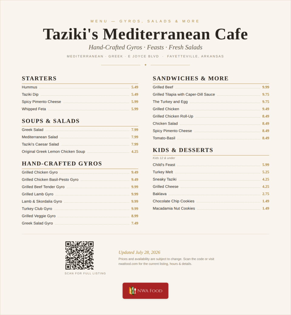 Taziki's Mediterranean Cafe - Fayetteville, AR - Menu with Prices