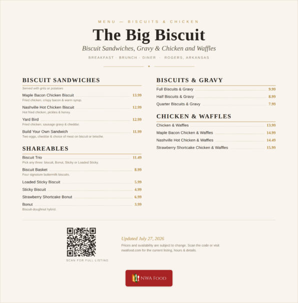 The Big Biscuit menu — biscuit sandwiches, biscuits & gravy and chicken & waffles with prices in Rogers, AR