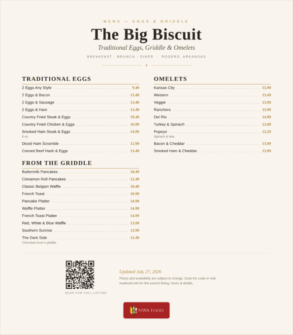 The Big Biscuit menu — eggs, griddle platters and omelets with prices in Rogers, AR