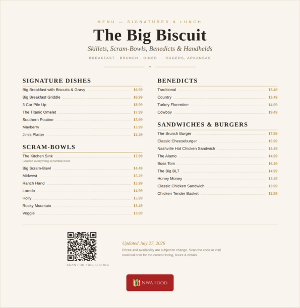 The Big Biscuit menu — signature skillets, scram-bowls, benedicts, burgers and sandwiches in Rogers, AR