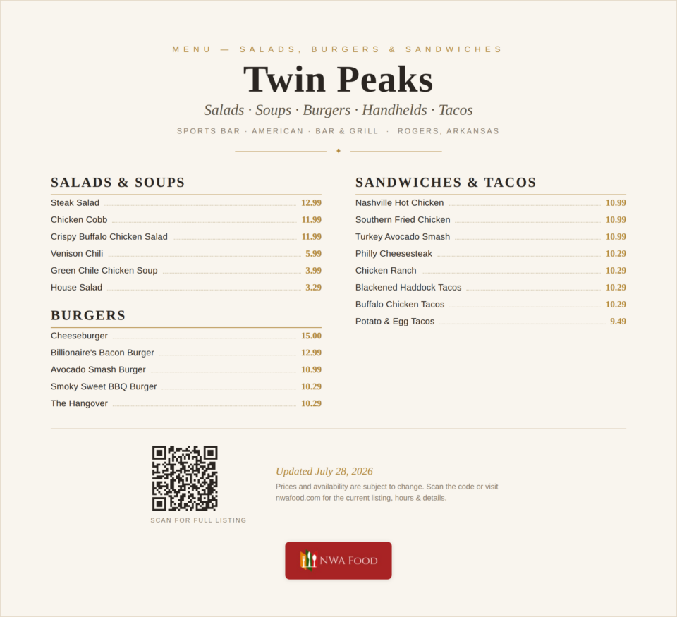 Twin Peaks - Rogers, AR - Menu with Prices - 02