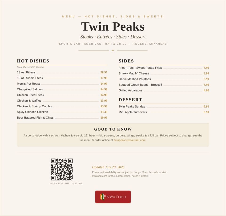 Twin Peaks - Rogers, AR - Menu with Prices - 03