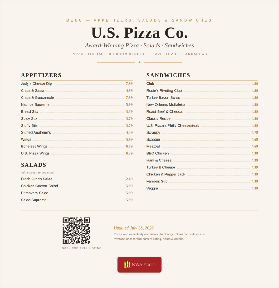 U.S. Pizza Co. - Fayetteville, AR - Menu with Prices - 01