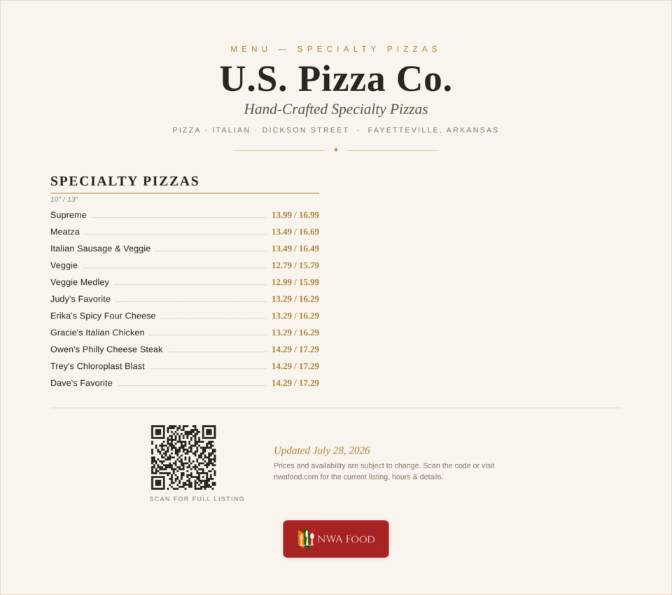 U.S. Pizza Co. - Fayetteville, AR - Menu with Prices - 02