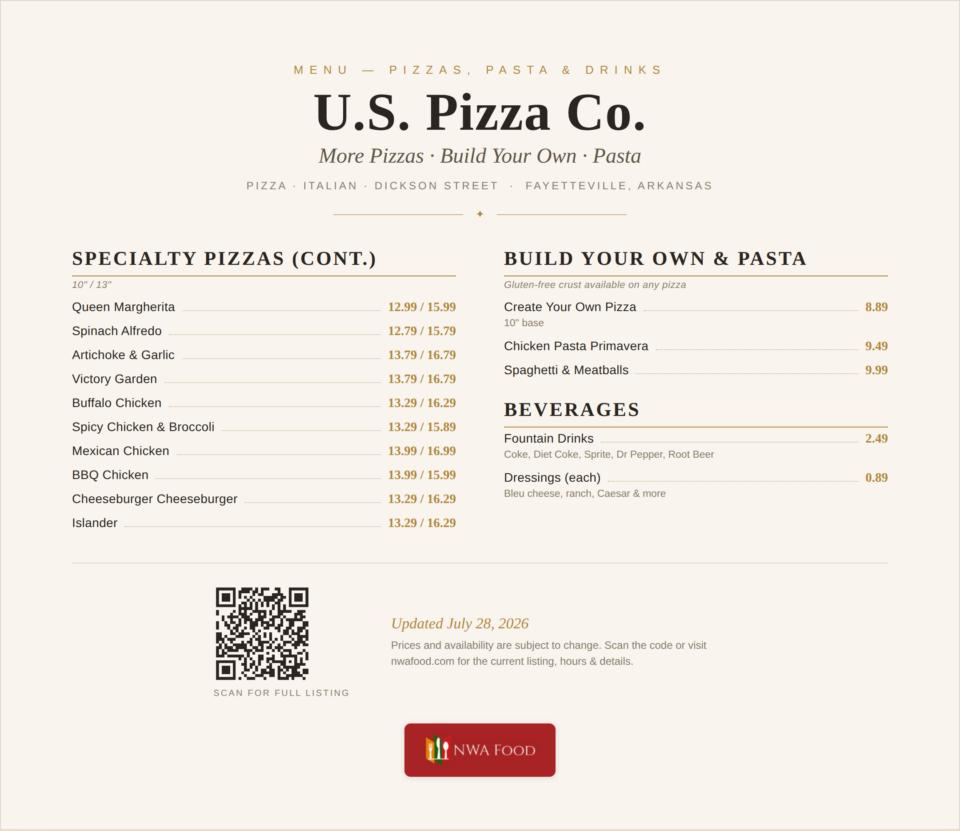 U.S. Pizza Co. - Fayetteville, AR - Menu with Prices - 03