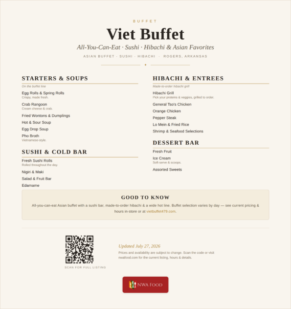 Viet Buffet menu of sushi, hibachi and Asian buffet favorites in Rogers, Arkansas