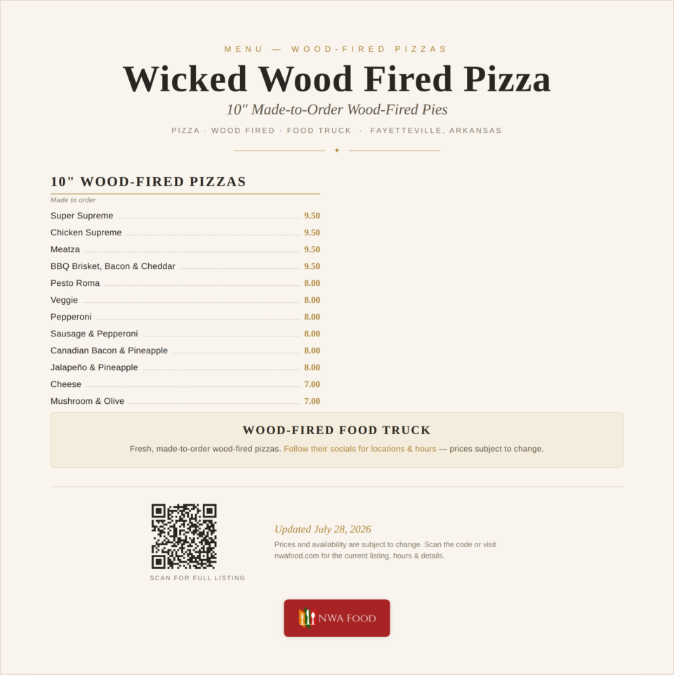 Wicked Wood Fired Pizza - Fayetteville, AR - Menu with Prices