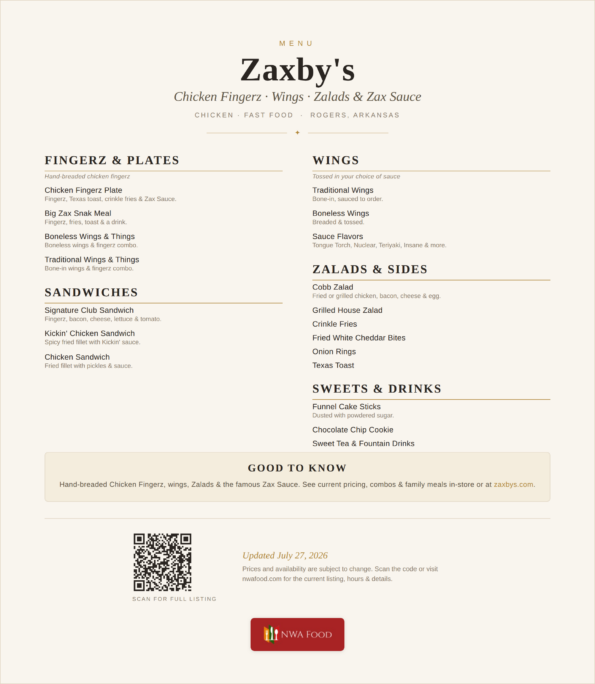 Zaxby's menu of chicken fingerz, wings and Zalads in Rogers, Arkansas