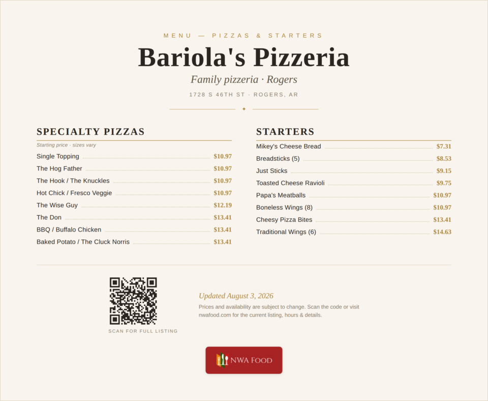 Bariola's Pizzeria menu 1