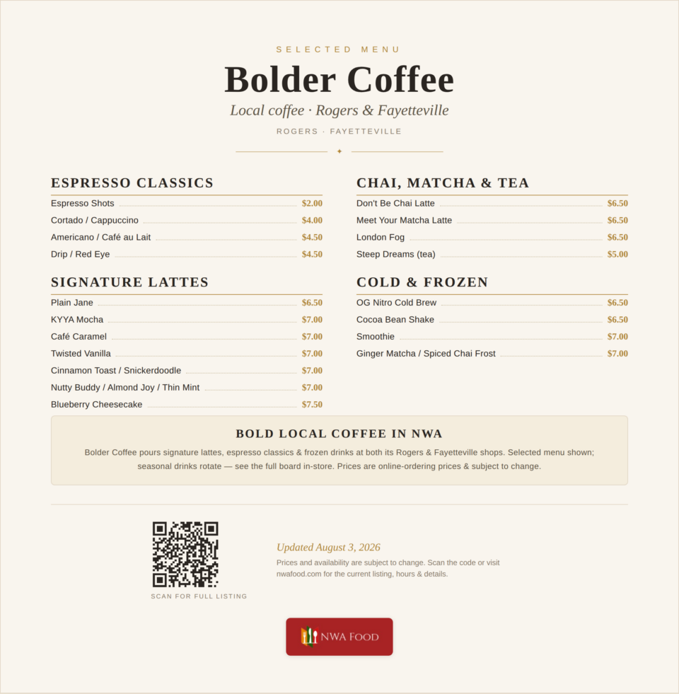 Bolder Coffee menu