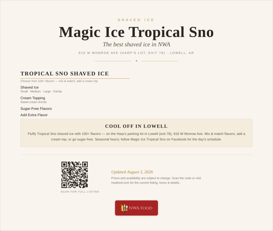 Magic Ice Tropical Sno Menu