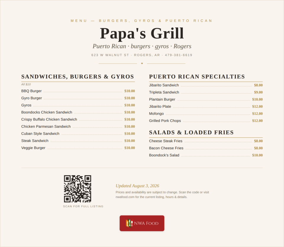 Papa's Grill menu page 1
