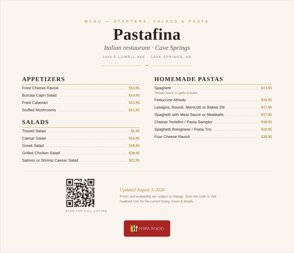 Pastafina menu page 1