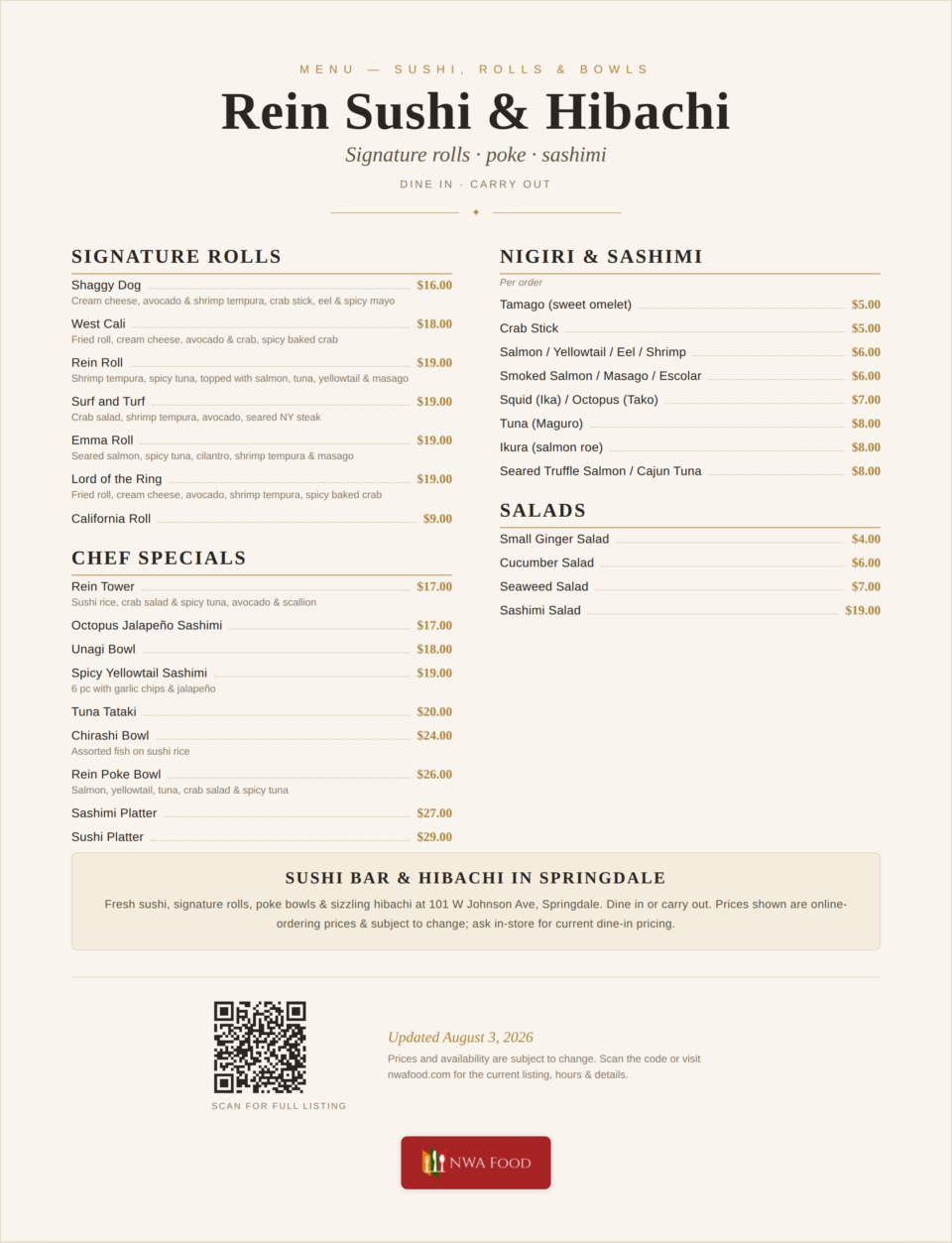 Rein Sushi & Hibachi menu page 2