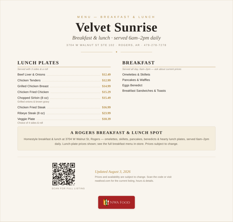Velvet Sunrise breakfast & lunch menu