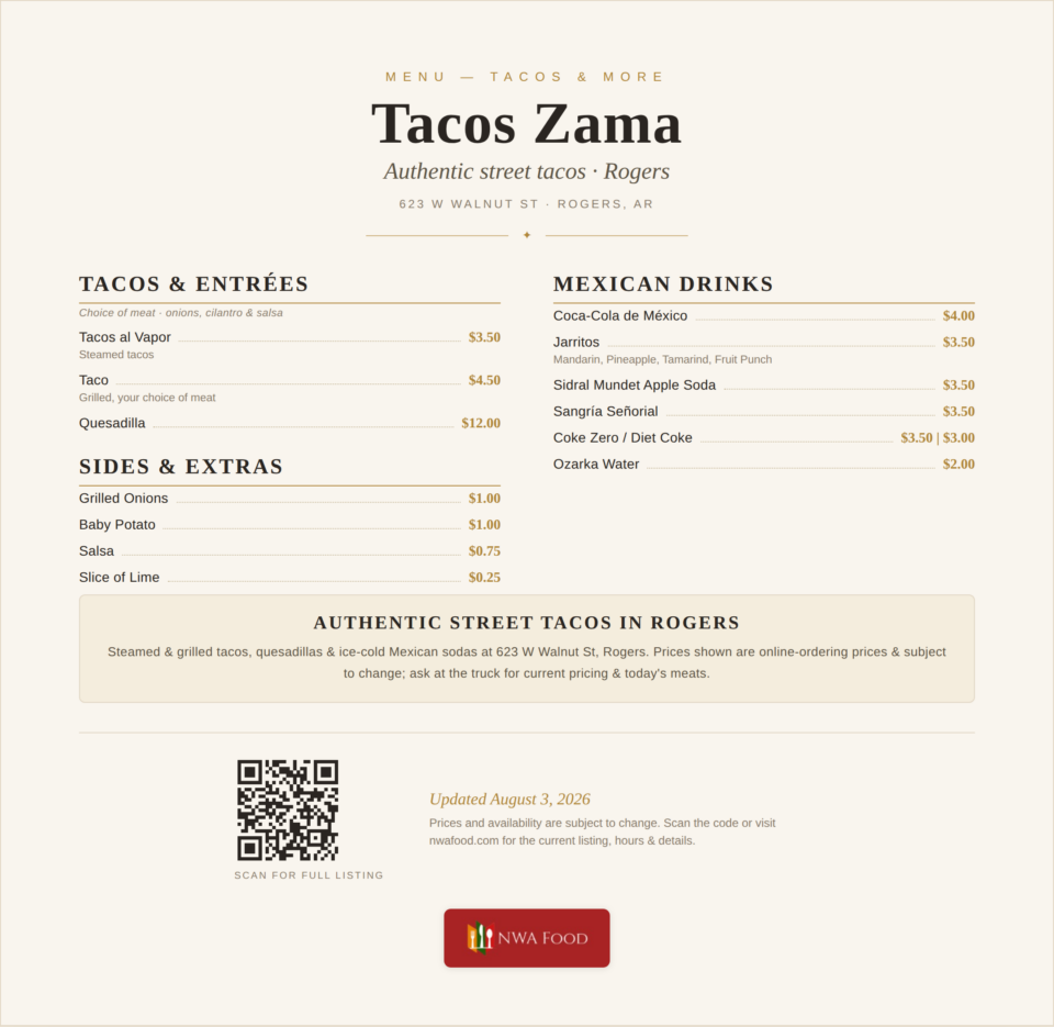 Tacos Zama menu